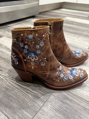 Shyanne Brown Ankle Boots with Blue Floral Embroidery